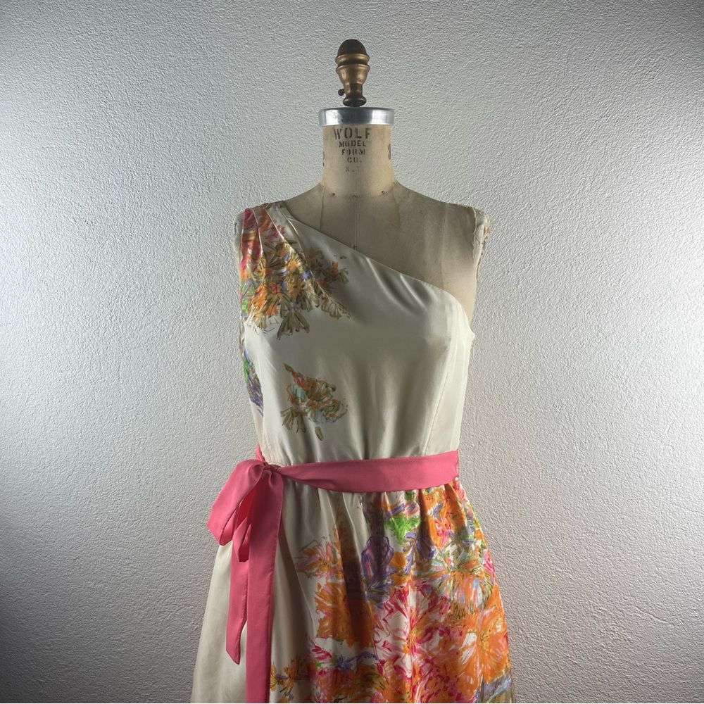 JCrew l 4 Silk Asymmetrical One Shoulder Floral Waist Sash Bubble Hem Mini Dress